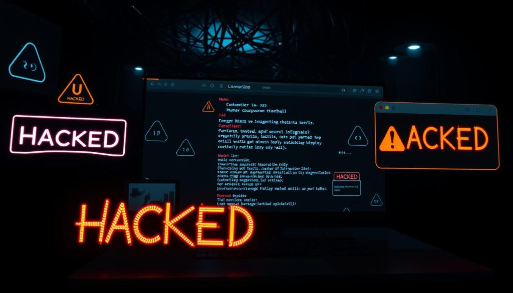 A dimly lit computer screen displaying various warning signs and error messages, conveying the unsettling atmosphere of a hacked website. In the foreground, glitchy, neon-colored "Hacked" notifications and security alert icons flicker ominously. The middle ground features distorted website elements like broken links, corrupted images, and suspicious code snippets. In the background, a tangled web of dark, ominous-looking network cables and shadowy silhouettes of unknown figures, hinting at the unseen forces at work behind the scenes. The lighting is harsh and unnatural, casting an eerie glow over the entire scene, emphasizing the sense of digital intrusion and compromise.