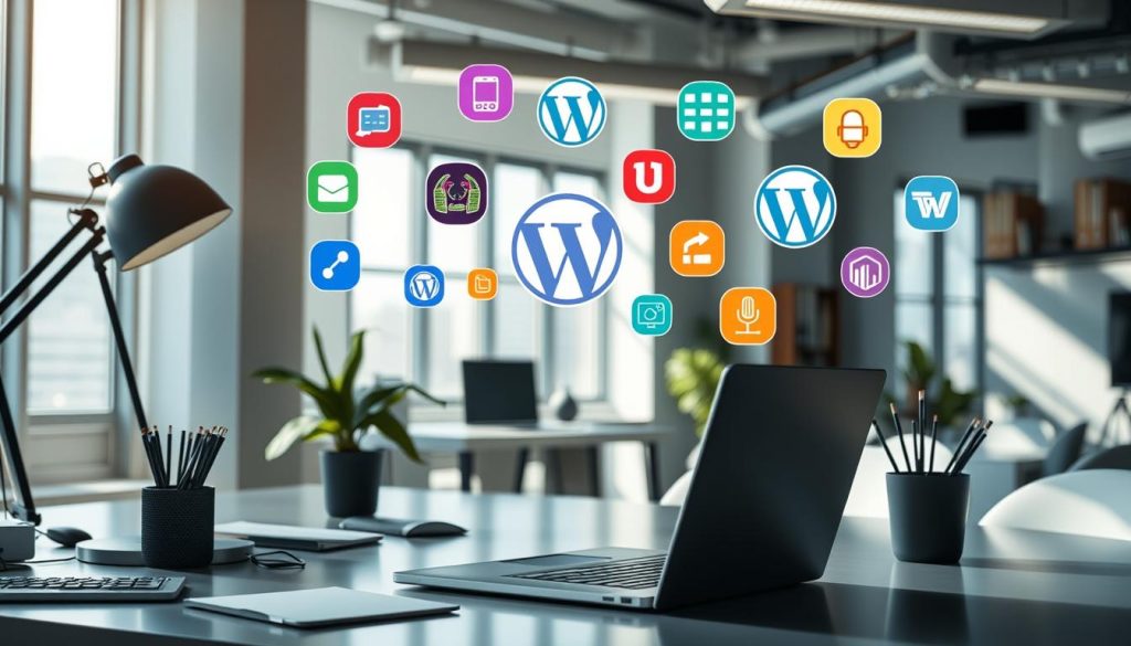 A sleek, modern office workspace with a laptop and various WordPress plugin icons floating above it, illuminated by soft, natural lighting filtering through large windows. The scene conveys a sense of productivity, innovation, and the essential role of WordPress plugins in empowering beginners to build and customize their websites with ease. The plugins are depicted as vibrant, colorful icons, each representing a specific functionality or feature that can enhance the user's WordPress experience.